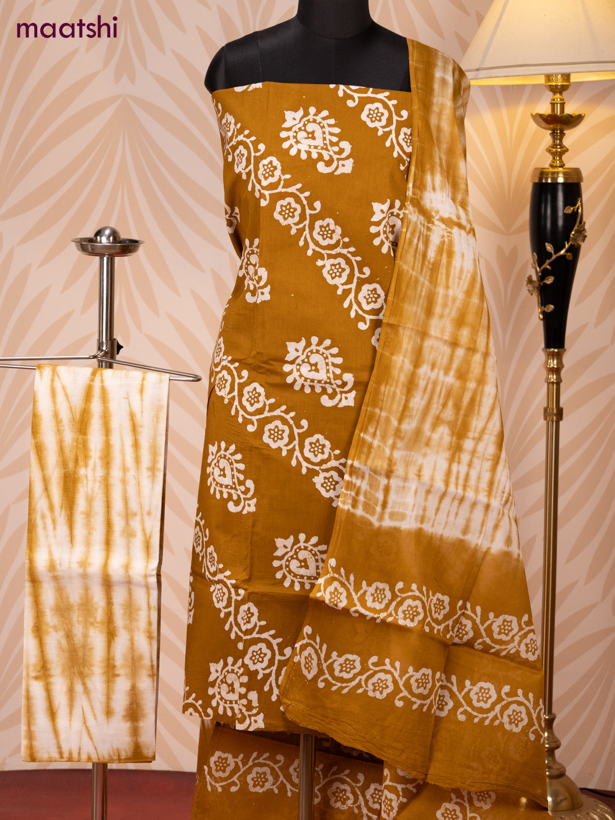 Batik cotton dress material dark mustard and off white with batik prints and bottom & dupatta