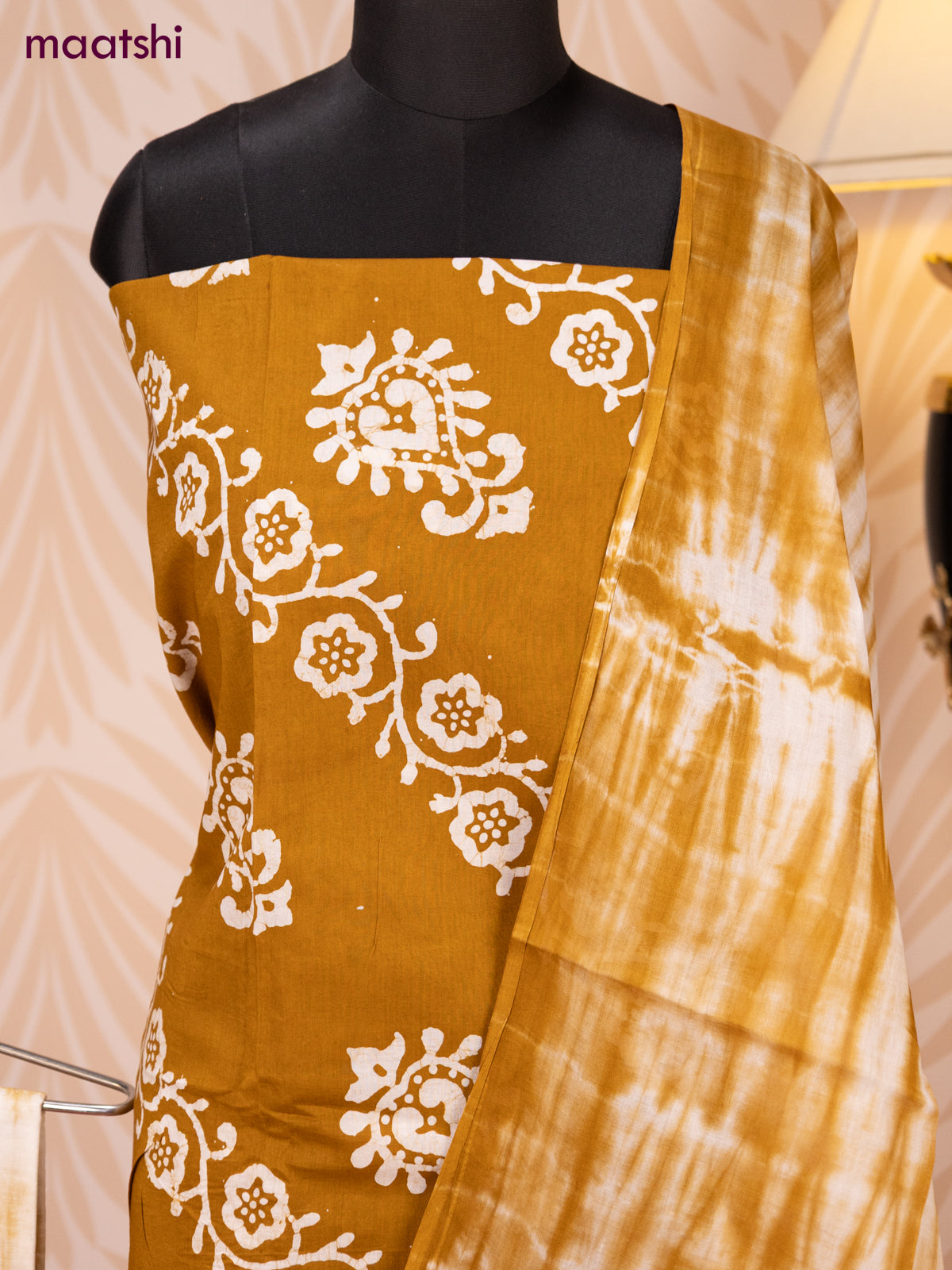 Batik cotton dress material dark mustard and off white with batik prints and bottom & dupatta