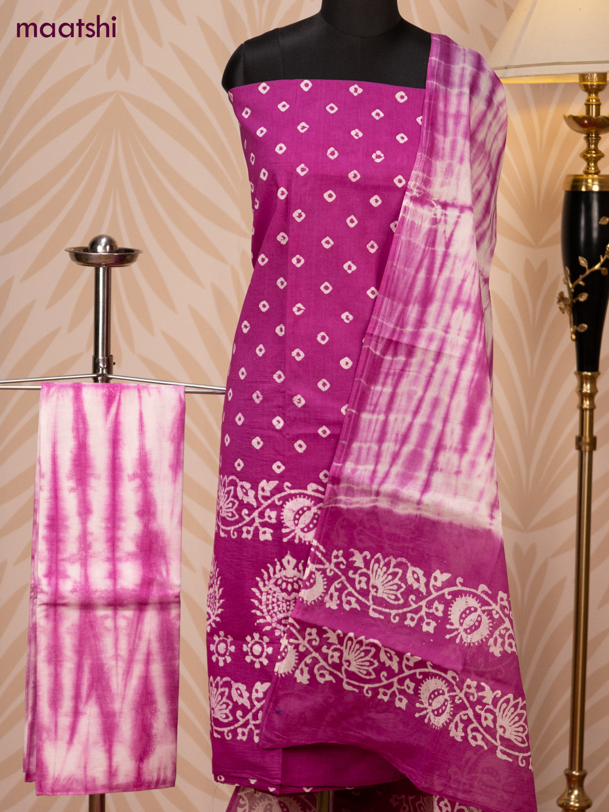 Batik cotton dress material purple and off white with batik prints and bottom & dupatta