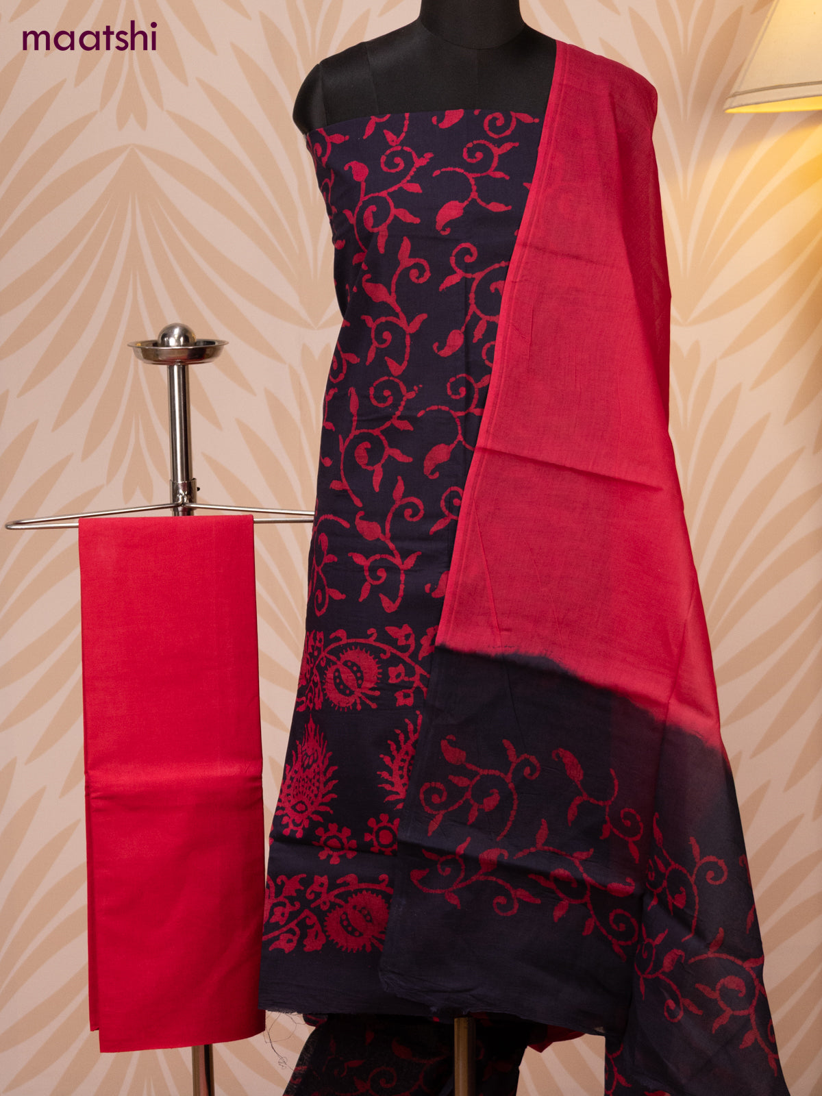 Batik cotton dress material deep navy blue and pink with batik prints and bottom & dupatta