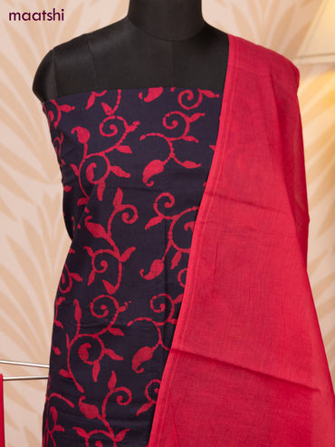 Batik cotton dress material deep navy blue and pink with batik prints and bottom & dupatta