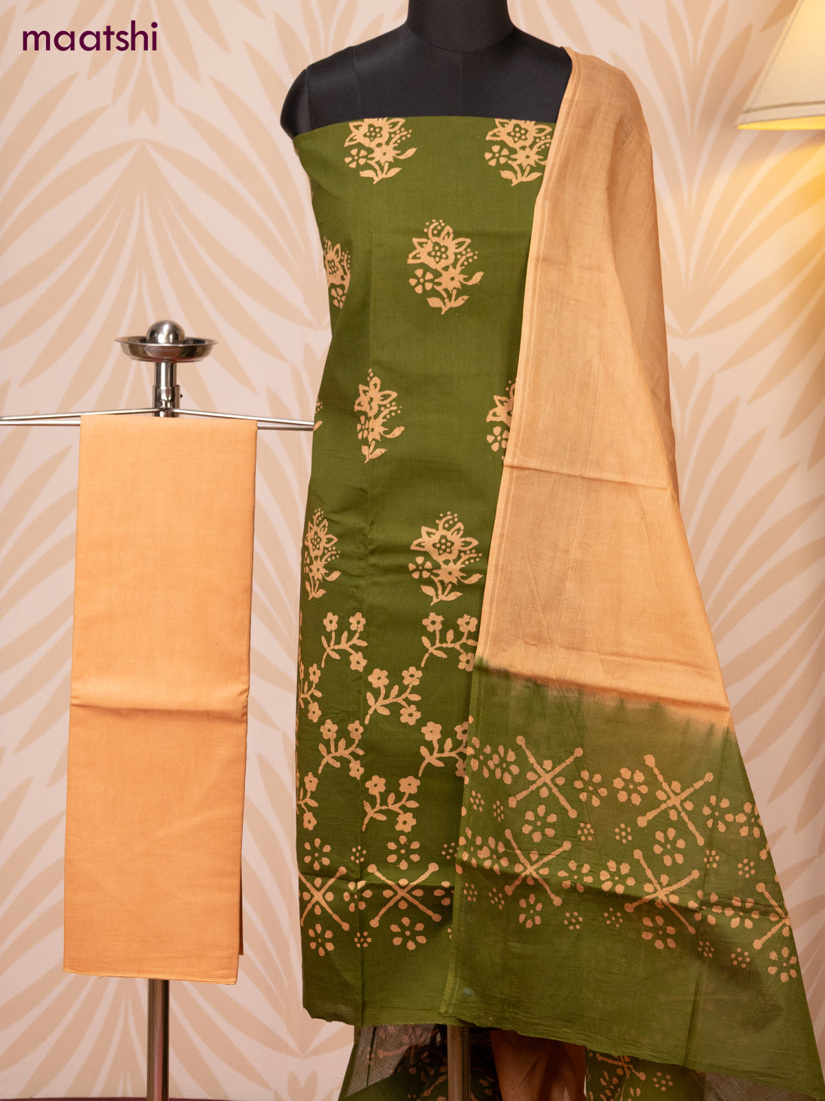 Batik cotton dress material sap green and sandal with batik prints and bottom & dupatta