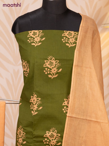 Batik cotton dress material sap green and sandal with batik prints and bottom & dupatta
