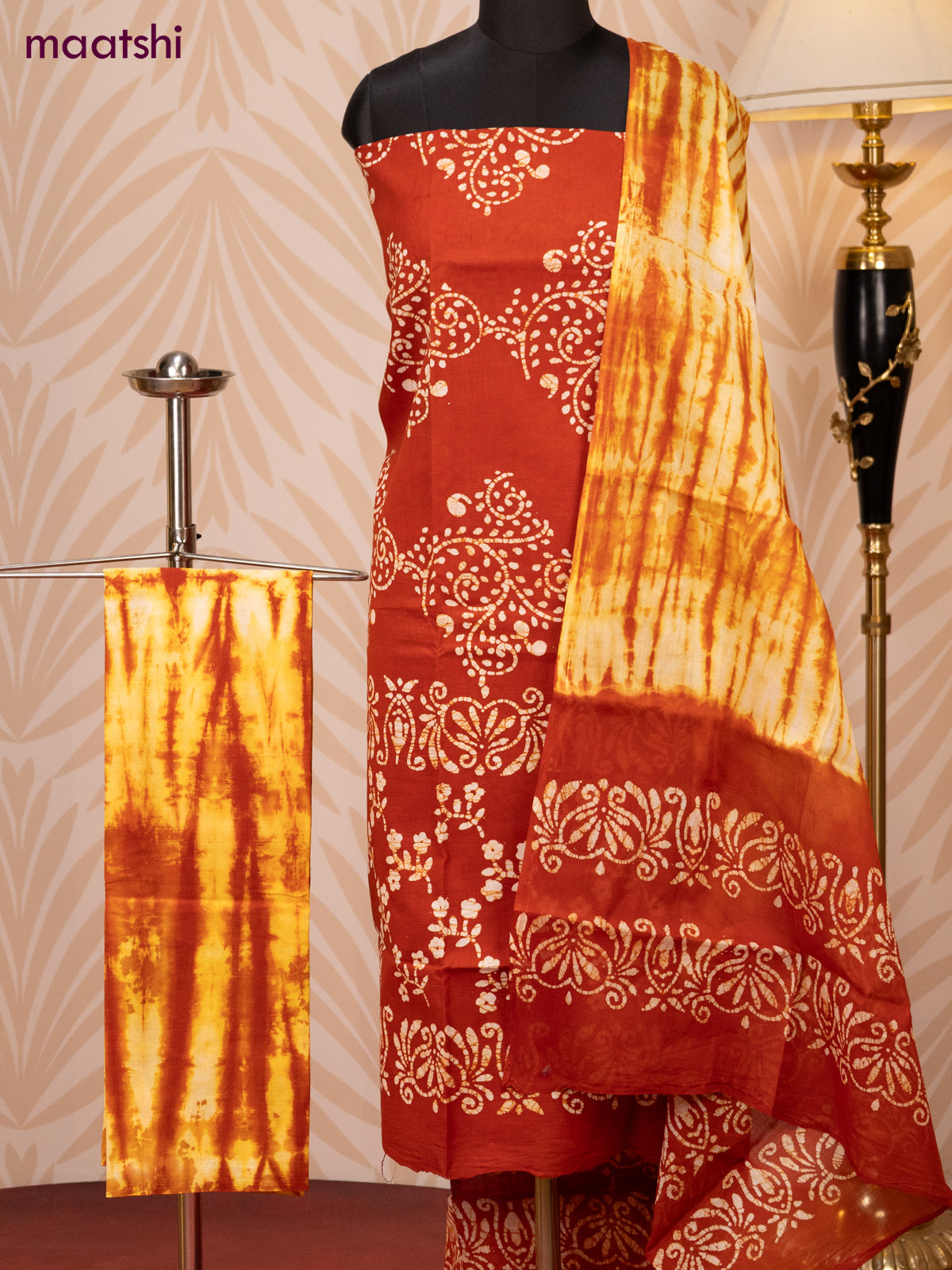 Batik cotton dress material rust shade and yellow shade with batik prints and bottom & dupatta