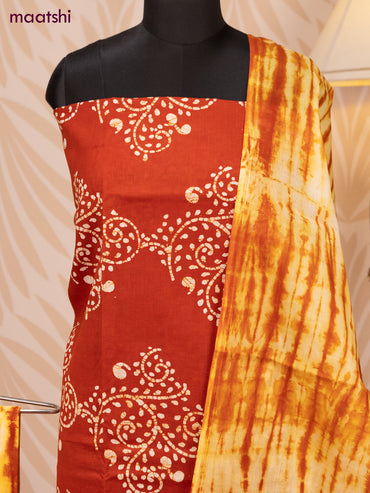Batik cotton dress material rust shade and yellow shade with batik prints and bottom & dupatta