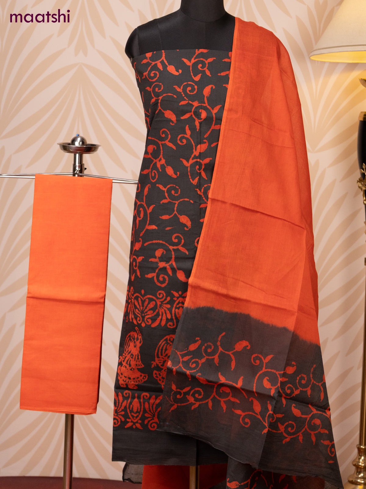 Batik cotton dress material elephant grey and red with batik prints and bottom & dupatta