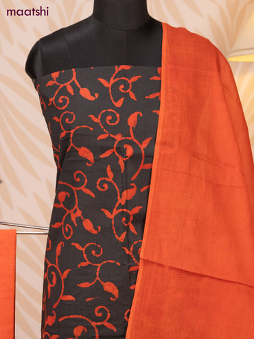 Batik cotton dress material elephant grey and red with batik prints and bottom & dupatta