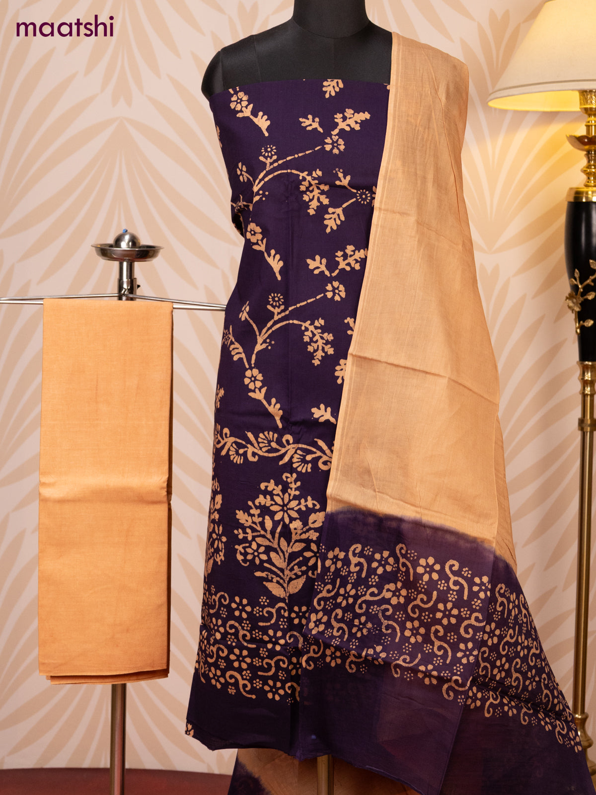 Batik cotton dress material deep violet and sandal with batik prints and bottom & dupatta