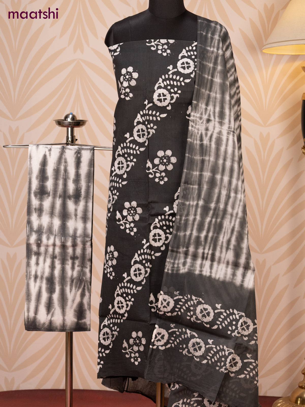 Batik cotton dress material elephant grey and off white with batik prints and bottom & dupatta