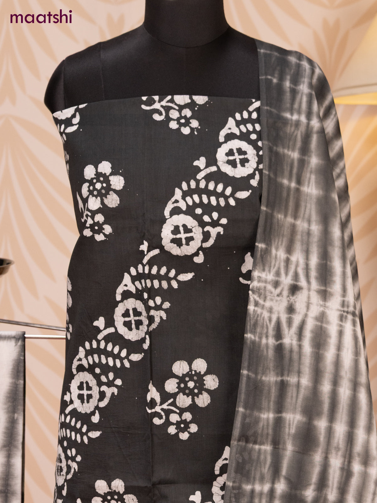 Batik cotton dress material elephant grey and off white with batik prints and bottom & dupatta