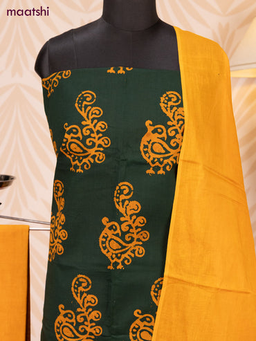 Batik cotton dress material dark green and mustard yellow with batik prints and bottom & dupatta
