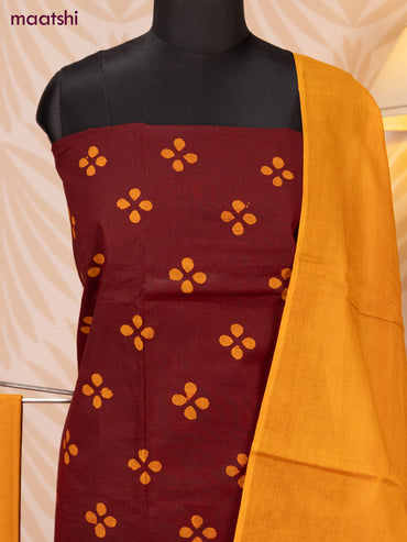 Batik cotton dress material deep maroon and mustard yellow with batik prints and bottom & dupatta