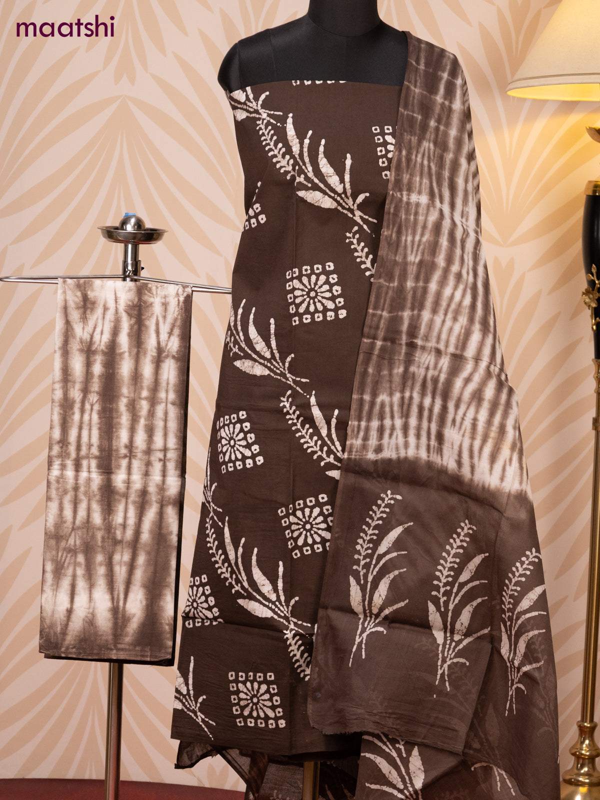 Batik cotton dress material deep coffee brown and off white with batik prints and bottom & dupatta