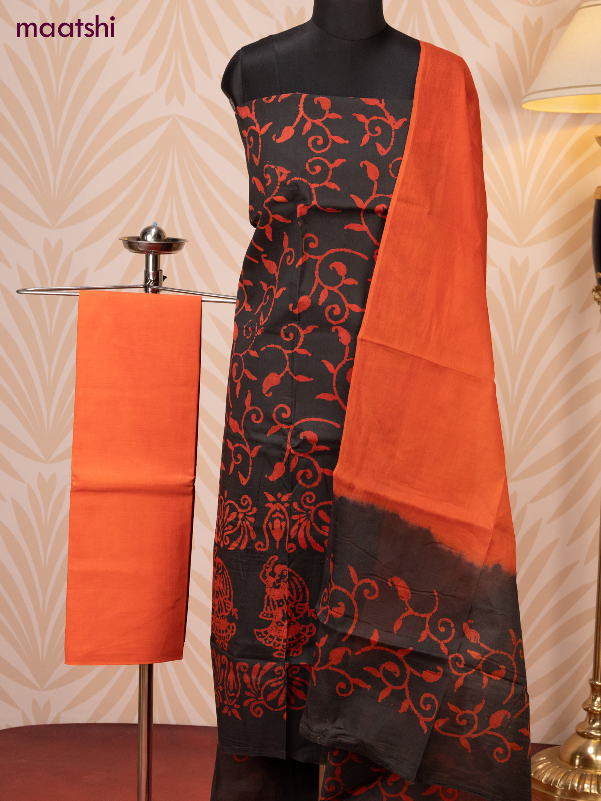 Batik cotton dress material black and red with batik prints and bottom & dupatta