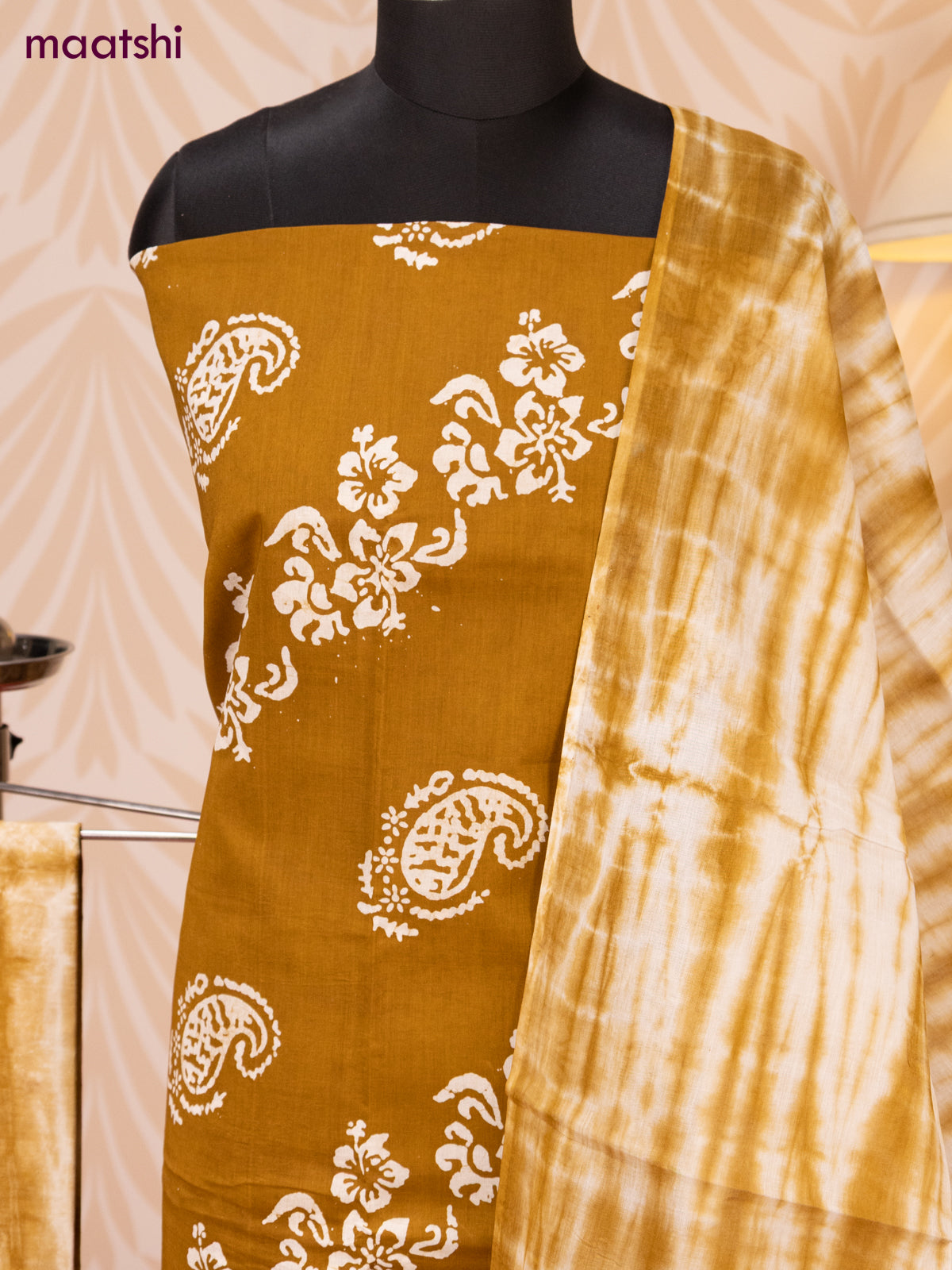 Batik cotton dress material dark mustard and off white with batik prints and bottom & dupatta