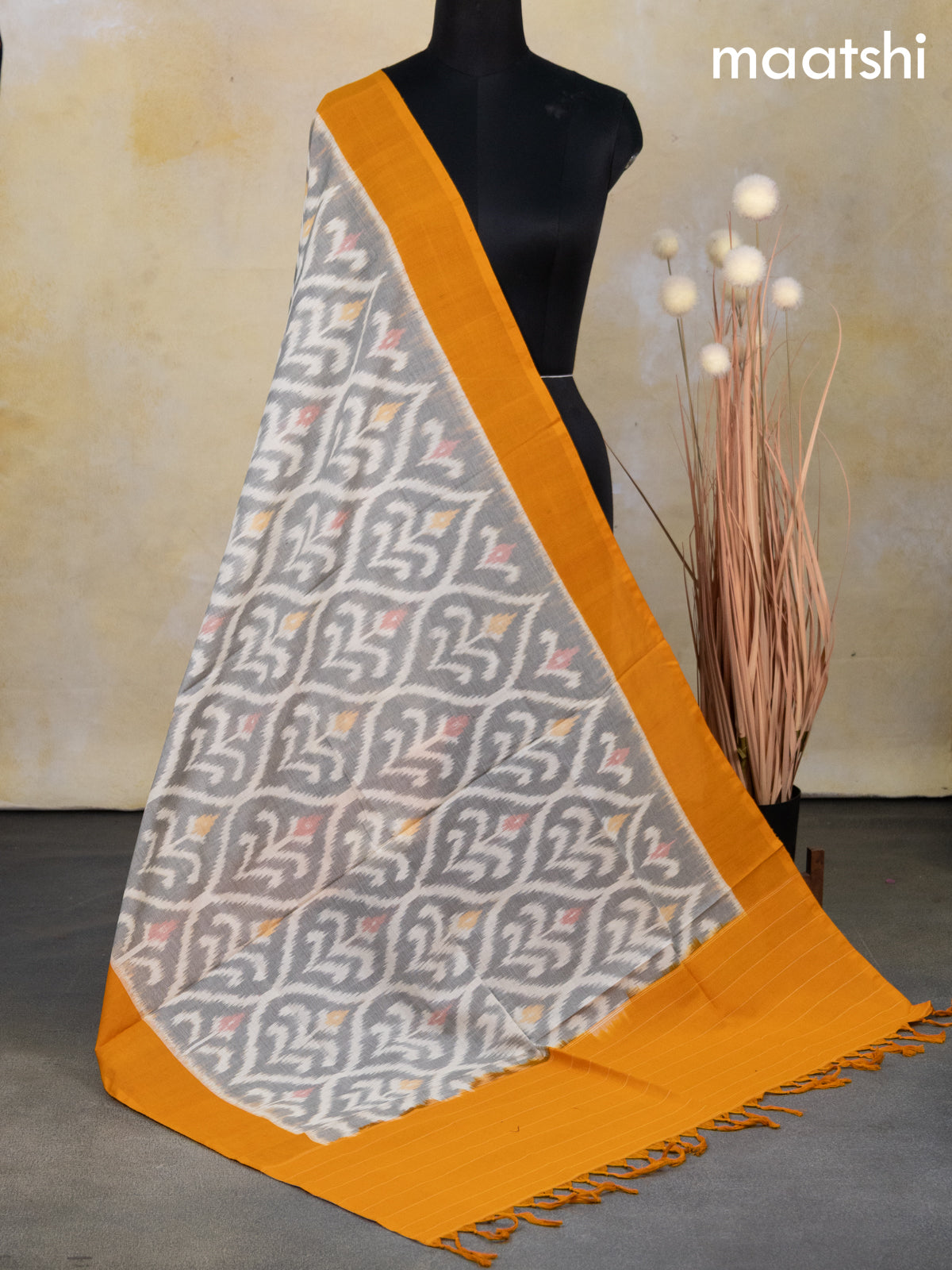 Ikat cotton dupatta off white grey and mango yellow with allover ikat weaves