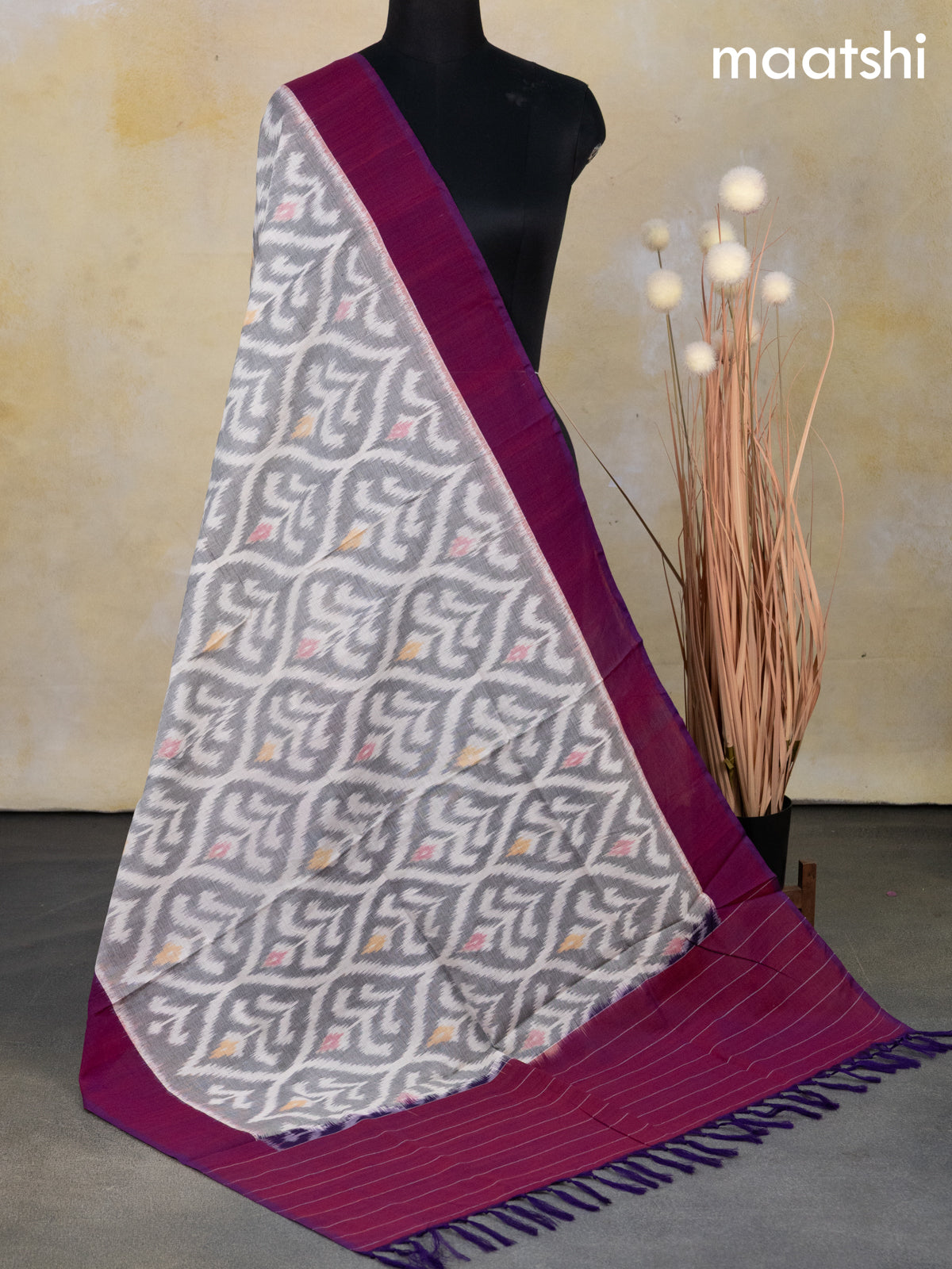 Ikat cotton dupatta off white grey and dual shade of magenta pink with allover ikat weaves
