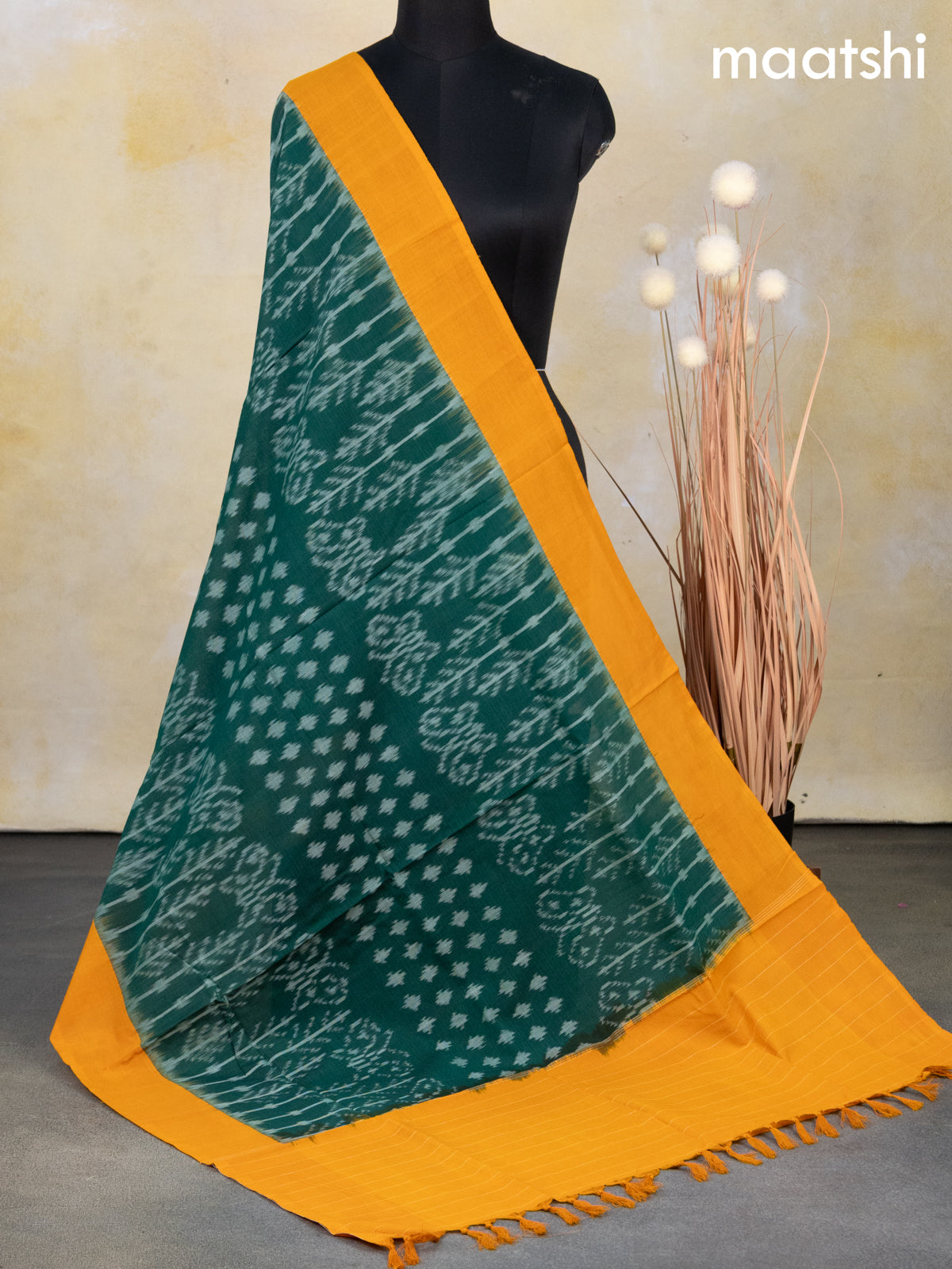 Ikat cotton dupatta green and mango yellow with allover ikat weaves