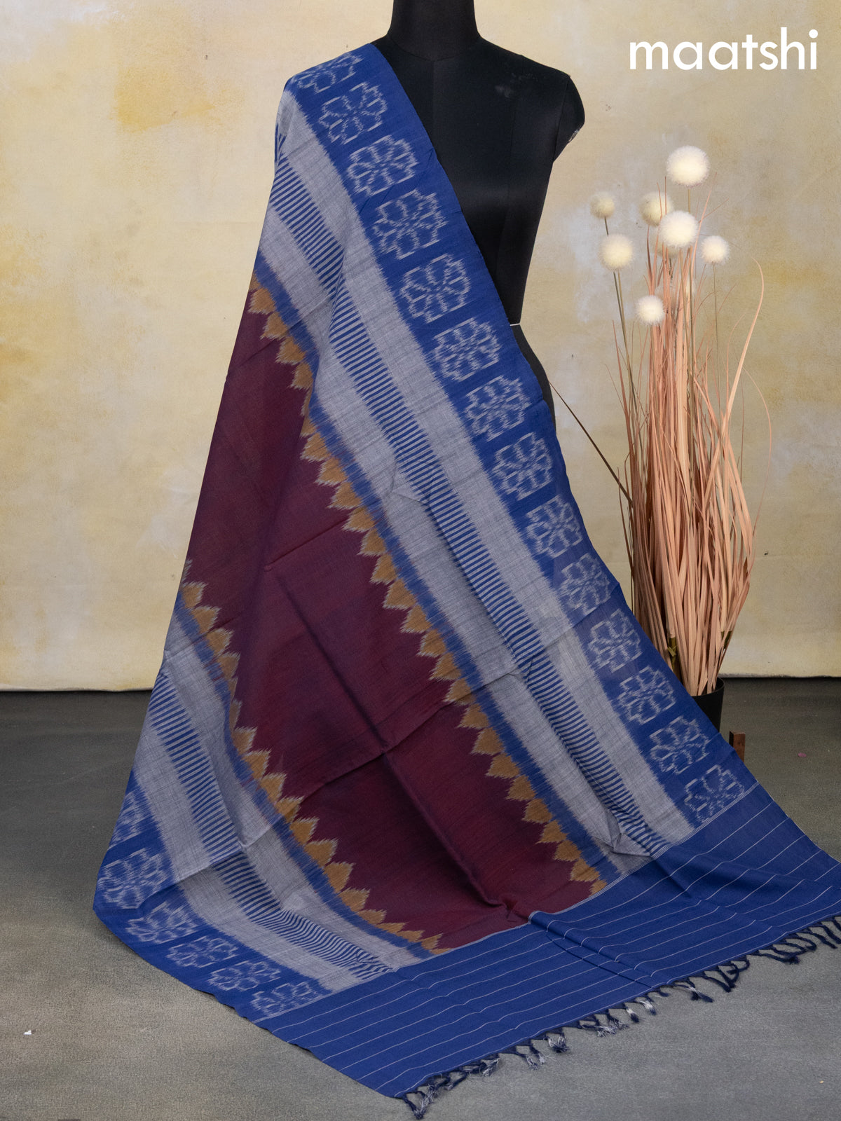 Ikat cotton dupatta dual shade of maroon and blue grey with ikat prints