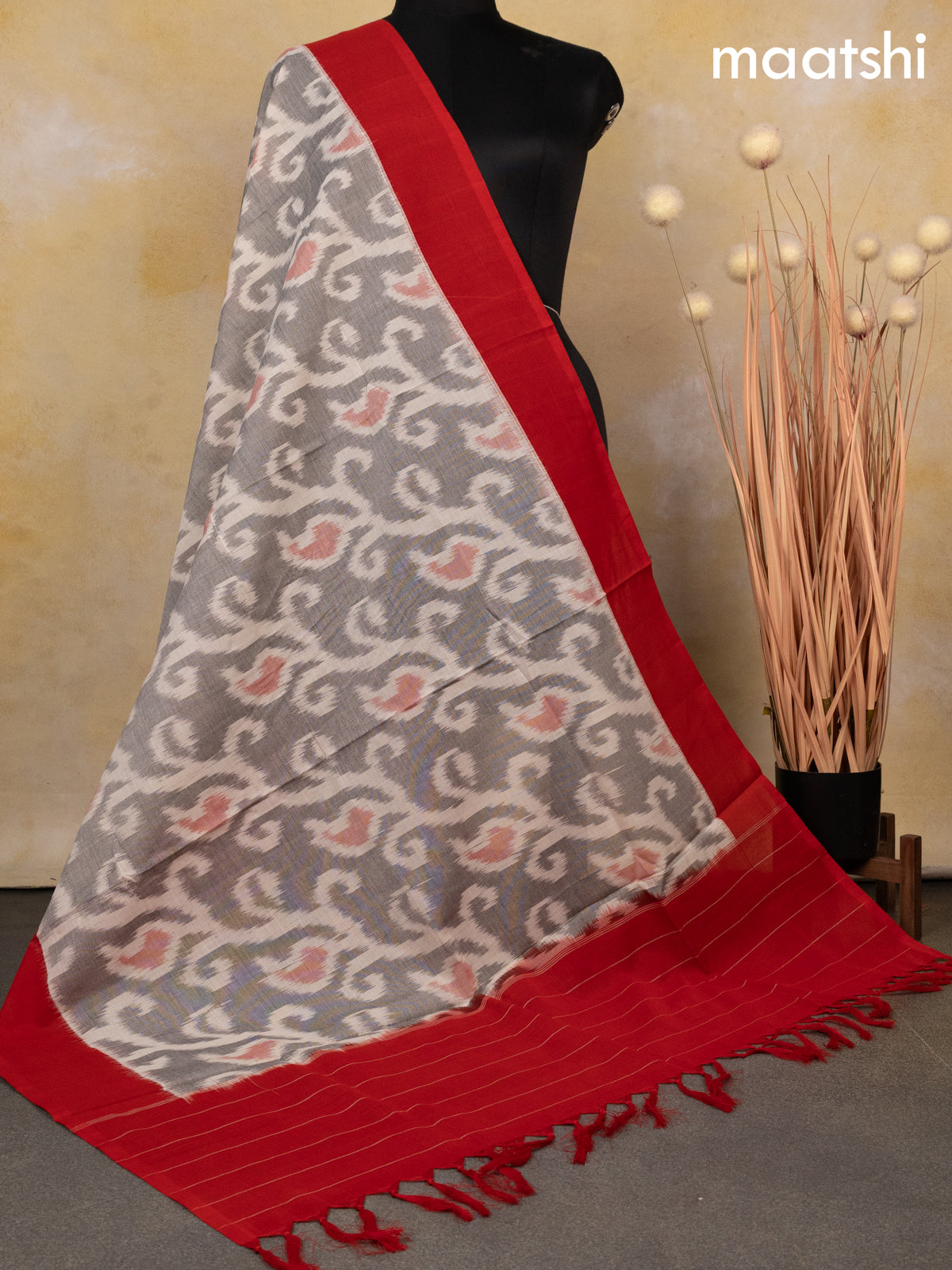 Ikat cotton dupatta grey and red with allover ikat weaves