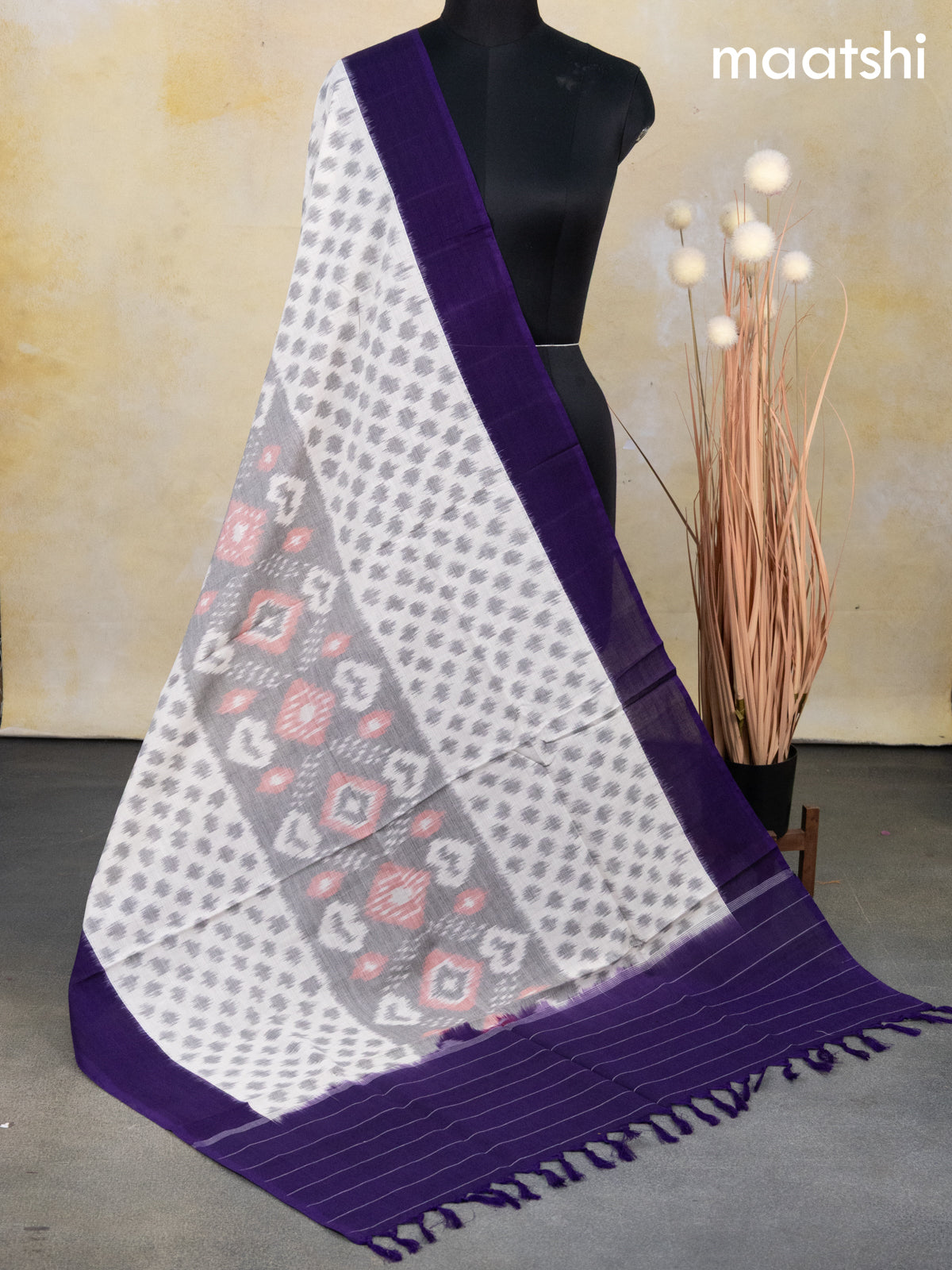 Ikat cotton dupatta off white grey and deep violet with allover ikat weaves