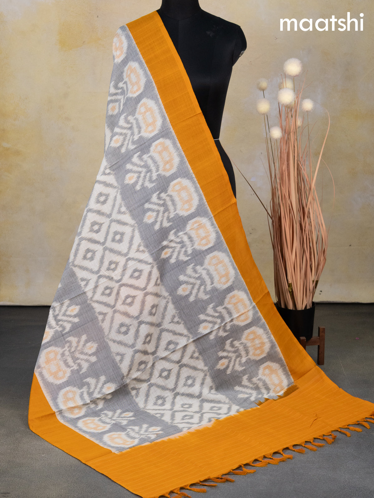 Ikat cotton dupatta off white grey and mango yellow with allover ikat weaves