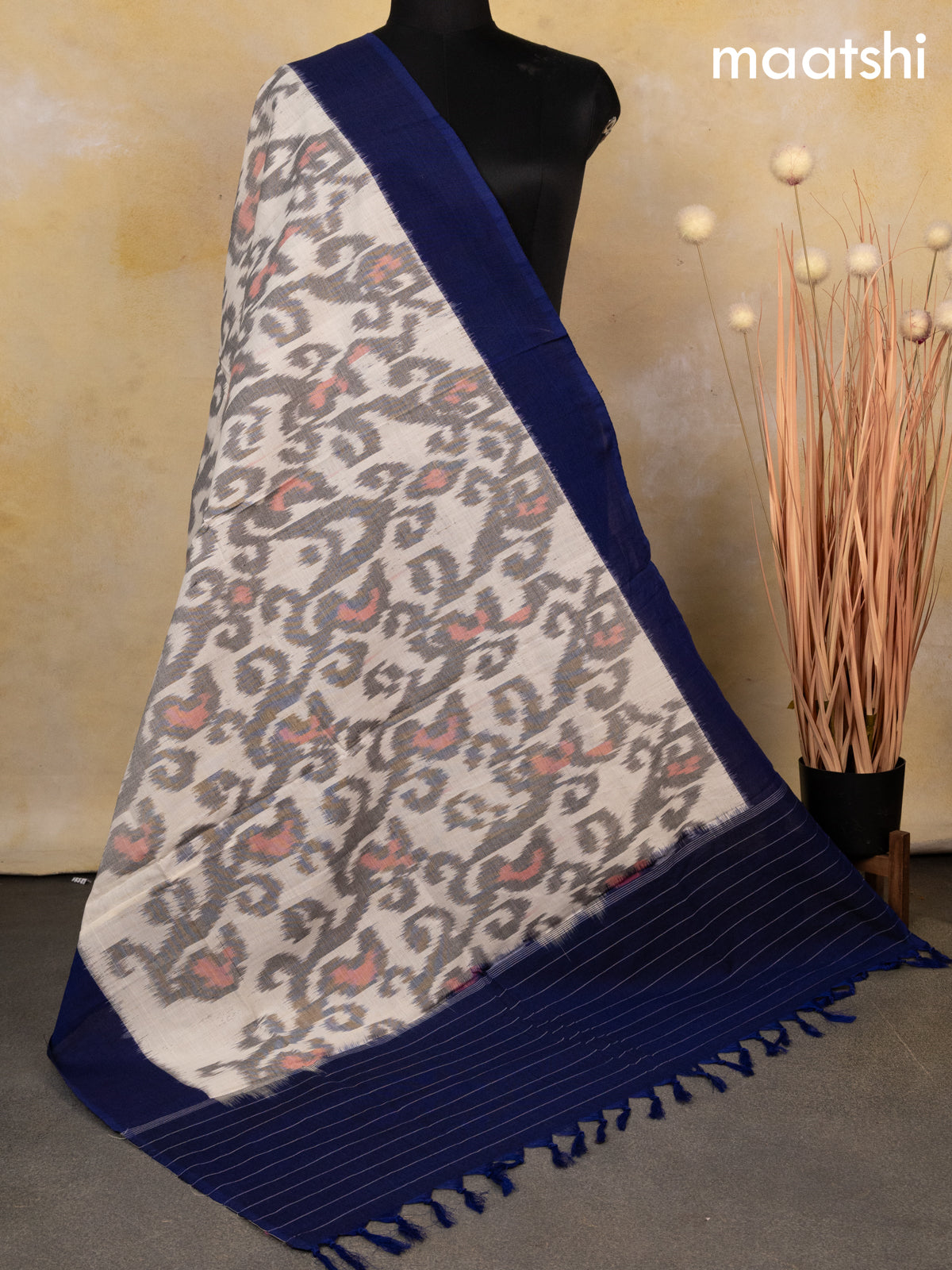 Ikat cotton dupatta off white grey and blue with allover ikat weaves