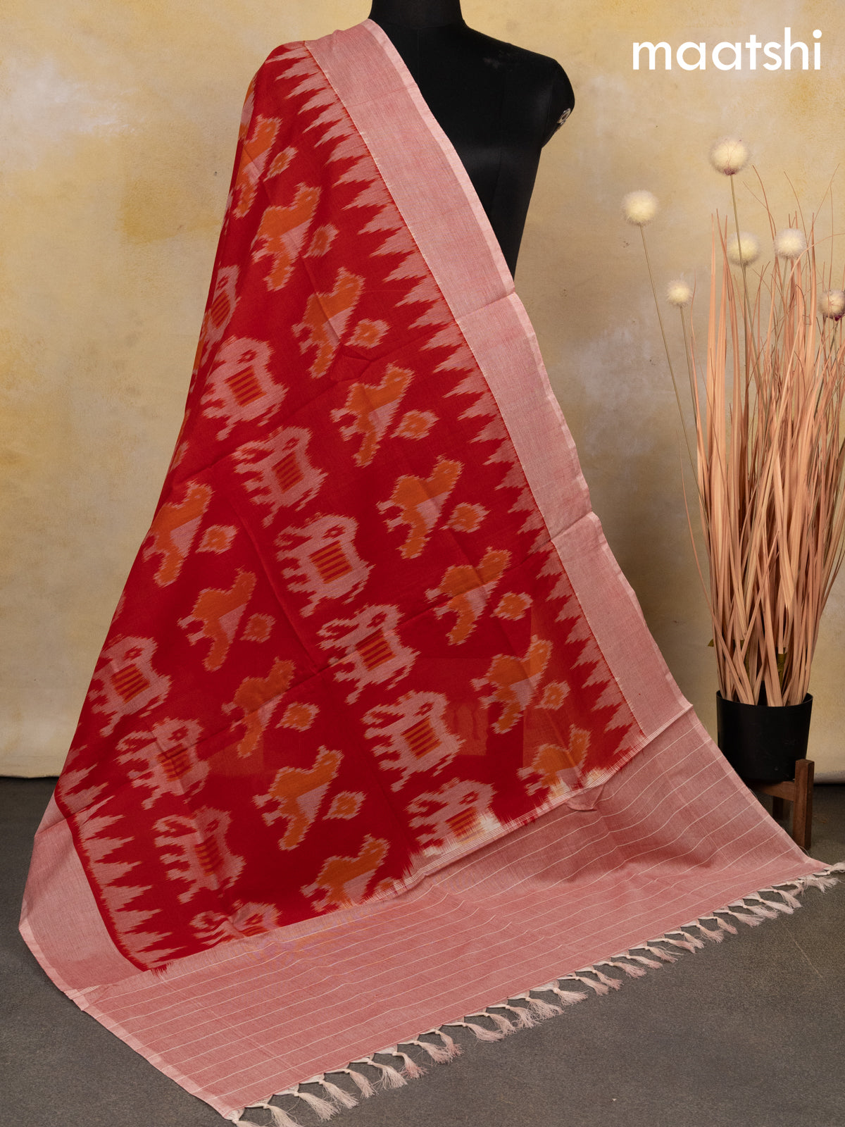 Ikat cotton dupatta red and red shade with allover ikat weaves