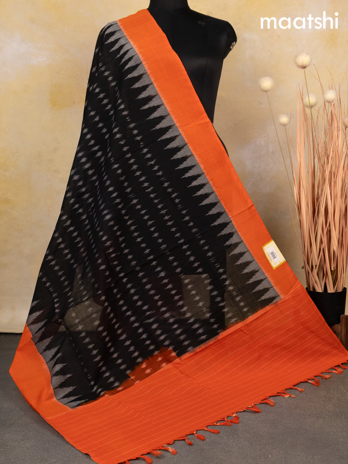 Ikat cotton dupatta black grey and orange with allover ikat weaves