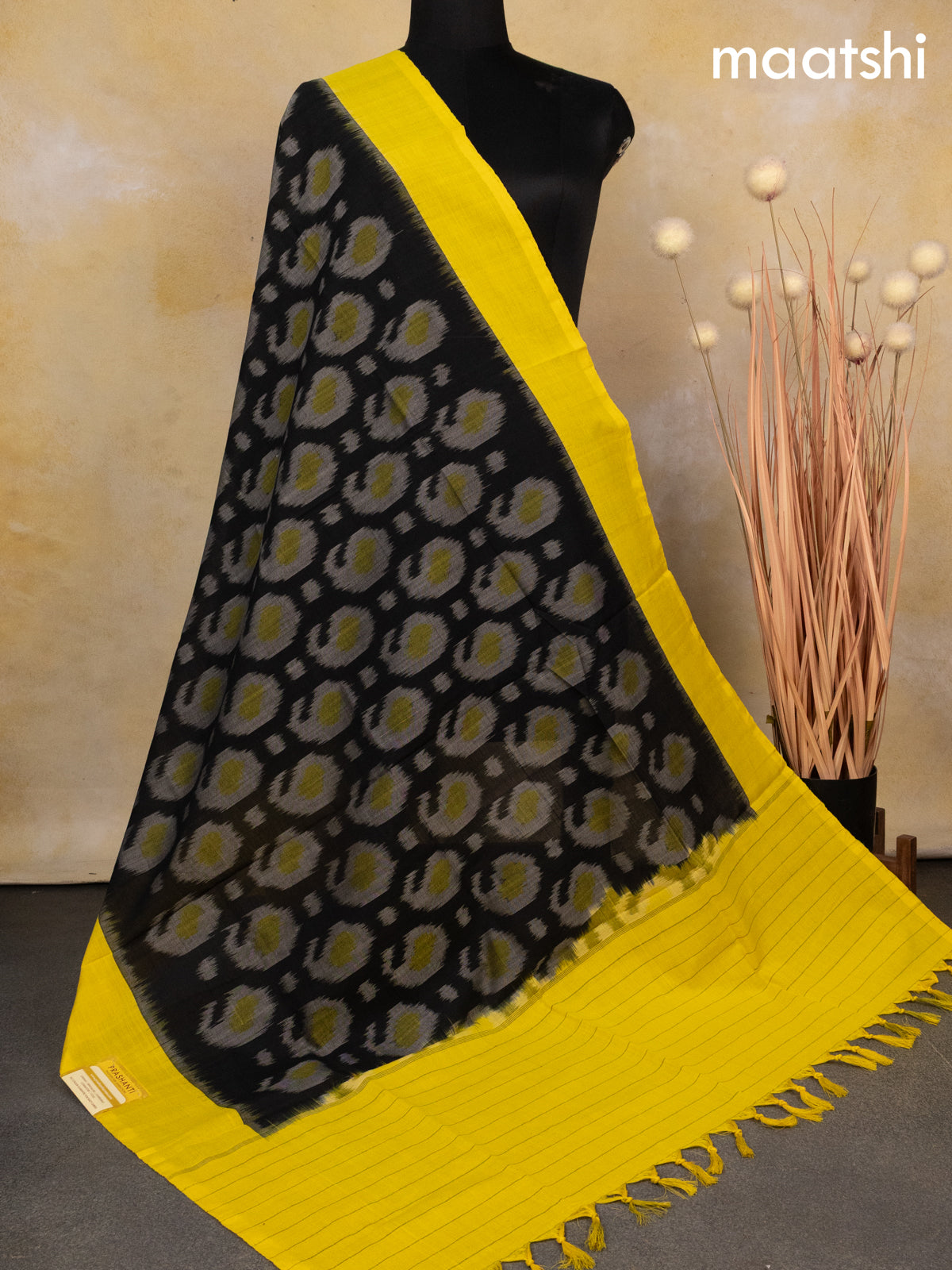 Ikat cotton dupatta black and yellow with allover ikat weaves