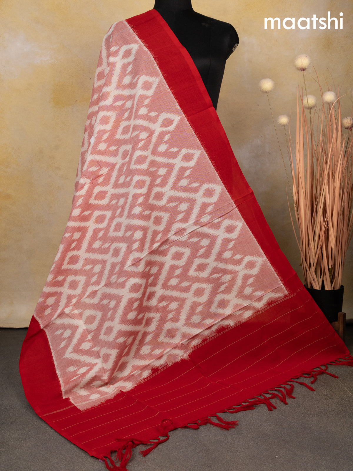 Ikat cotton dupatta off white and red with allover ikat weaves