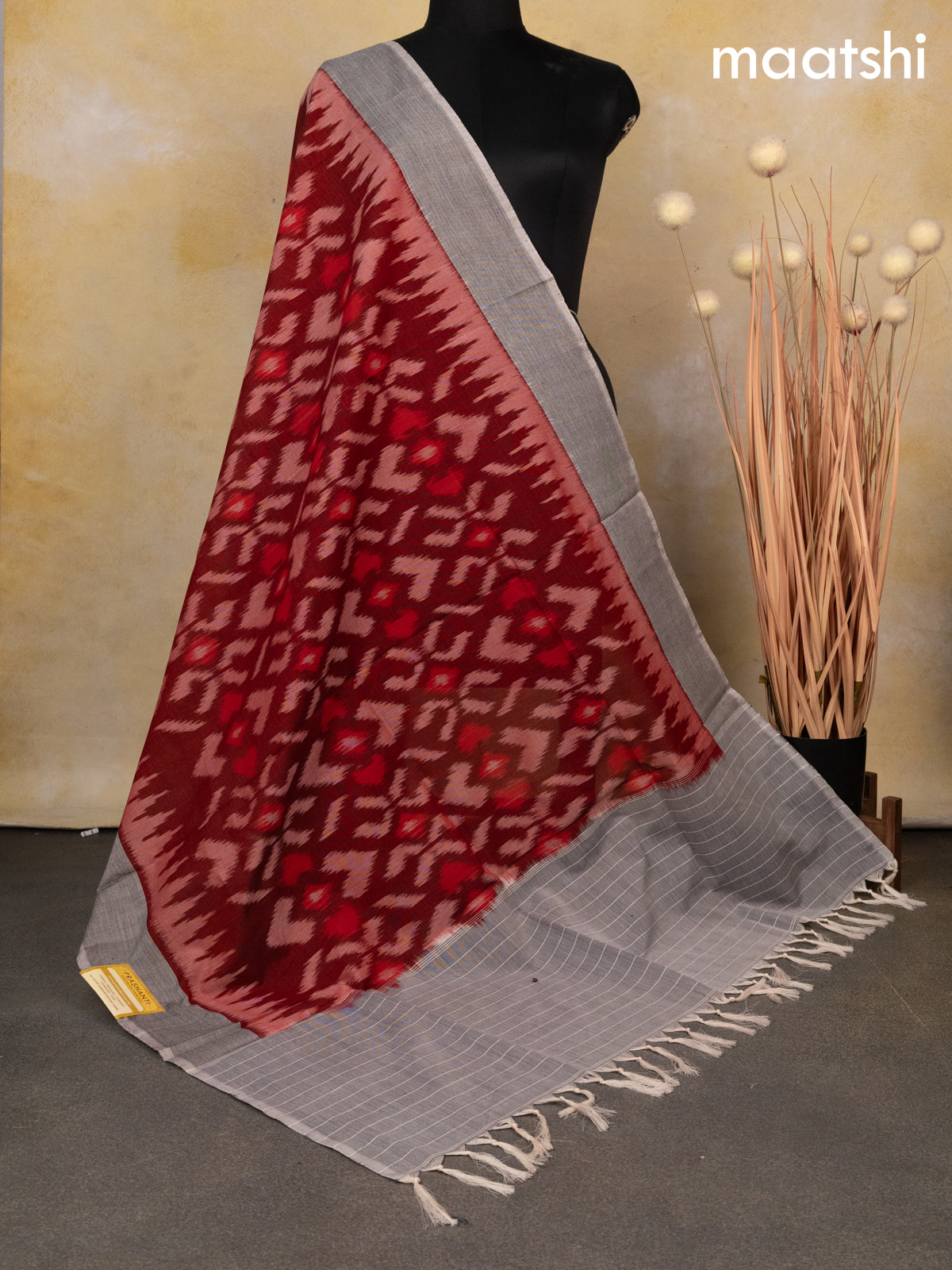 Ikat cotton dupatta maroon and grey with allover ikat weaves
