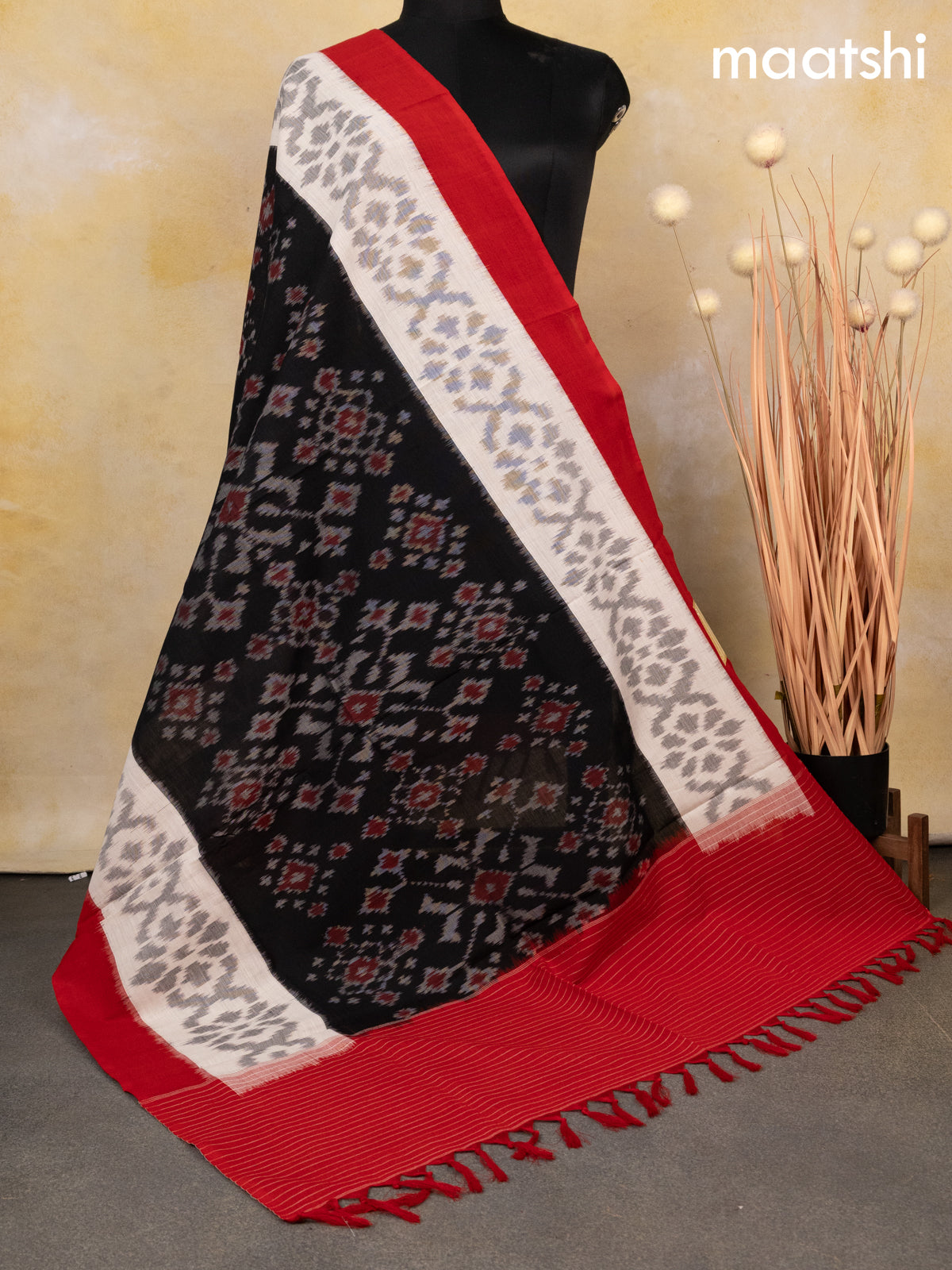 Ikat cotton dupatta black and off white red with allover ikat weaves