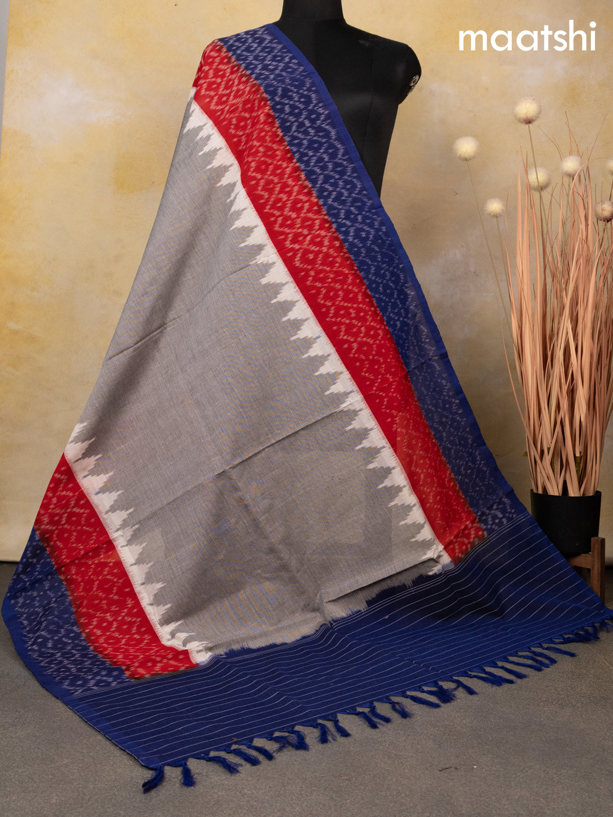Ikat cotton dupatta grey and red blue with ikat prints