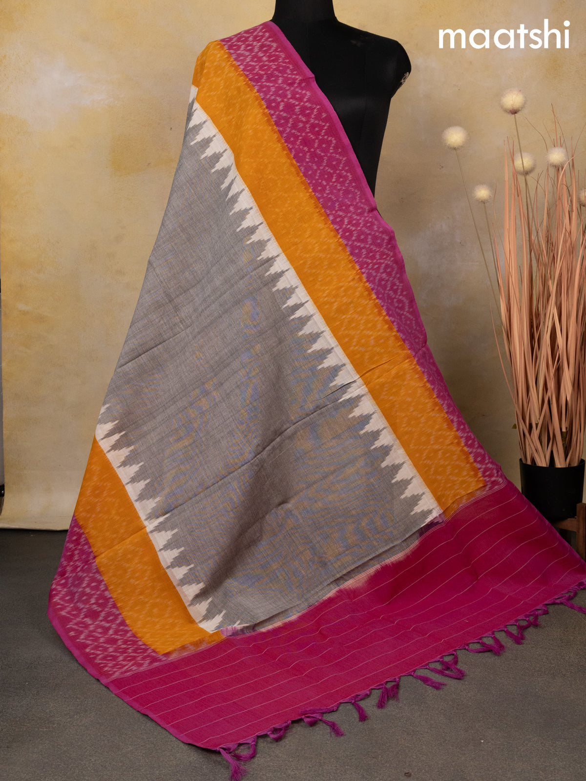 Ikat cotton dupatta grey and mango yellow pink with ikat prints