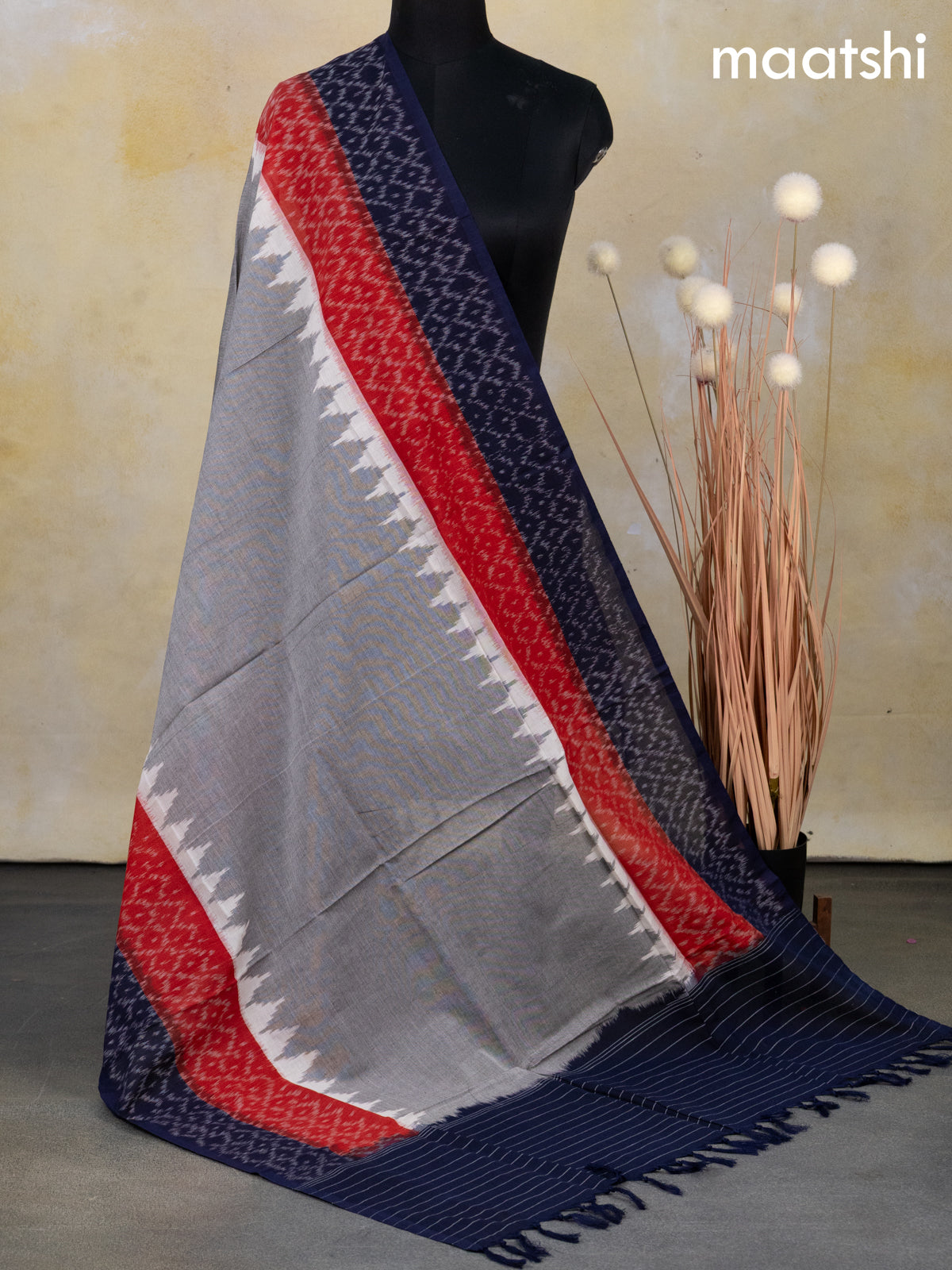 Ikat cotton dupatta grey and red deep navy blue with ikat prints