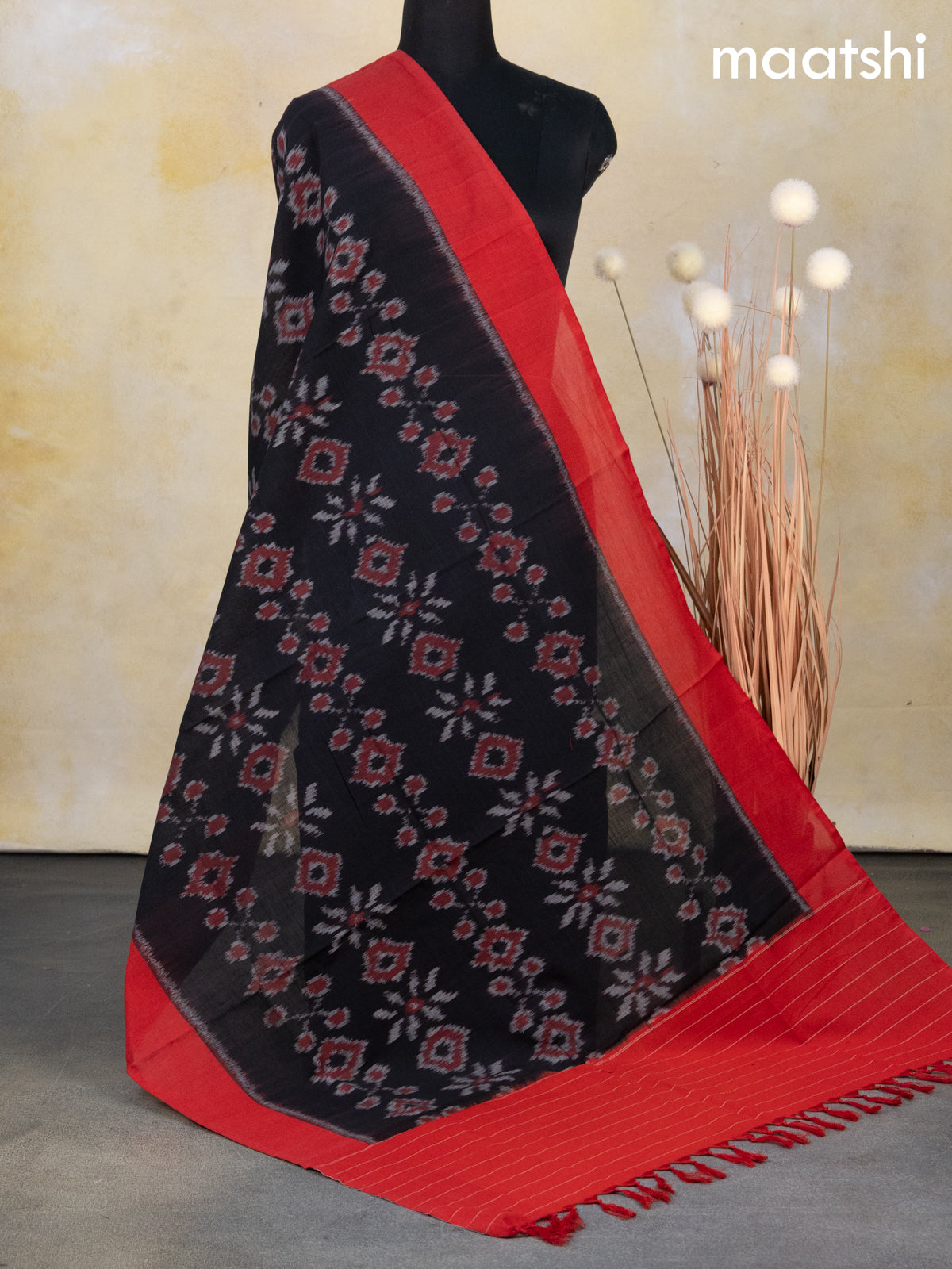 Ikat cotton dupatta black and red with allover ikat weaves
