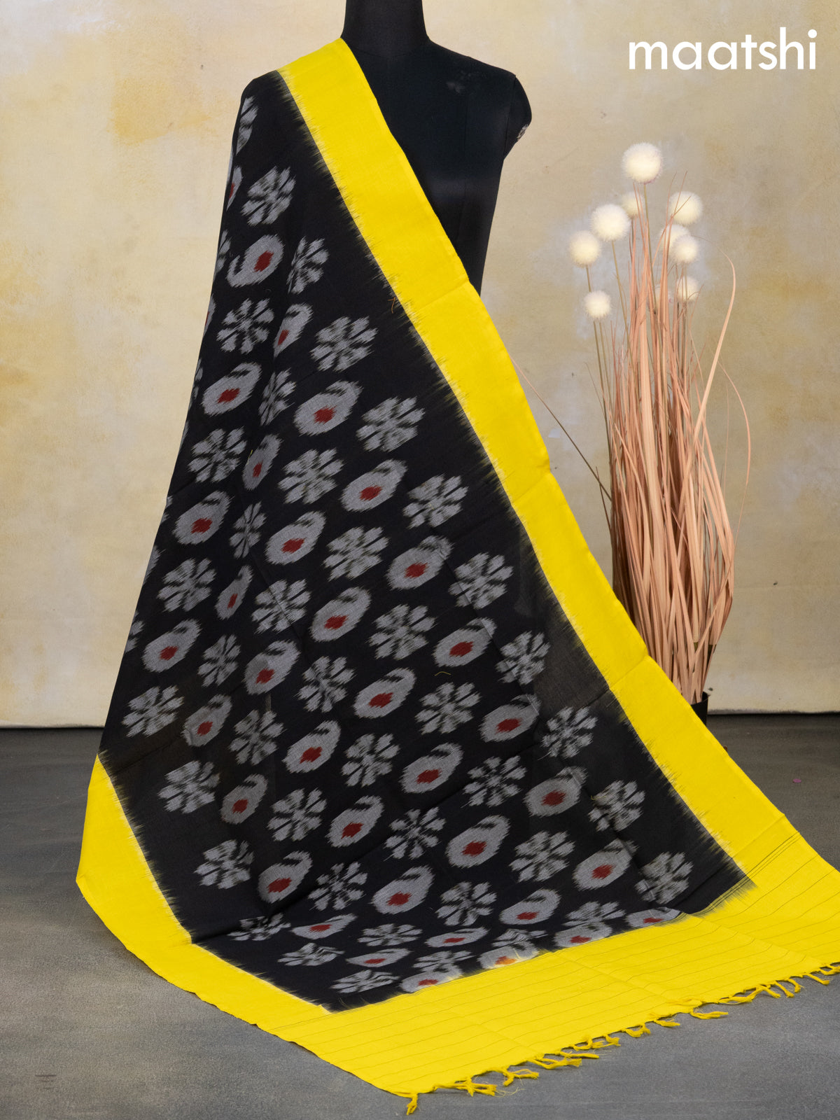 Ikat cotton dupatta black and yellow with allover ikat weaves