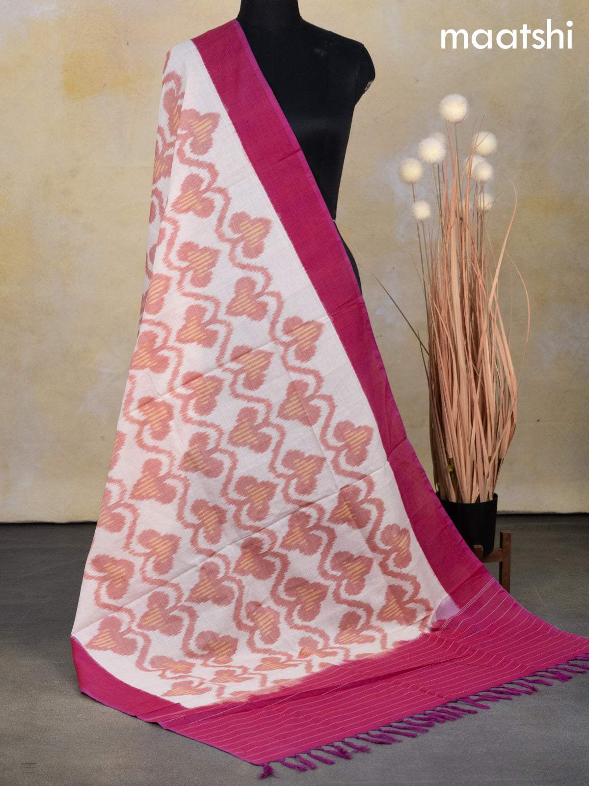 Ikat cotton dupatta off white red shade and pink with allover ikat weaves