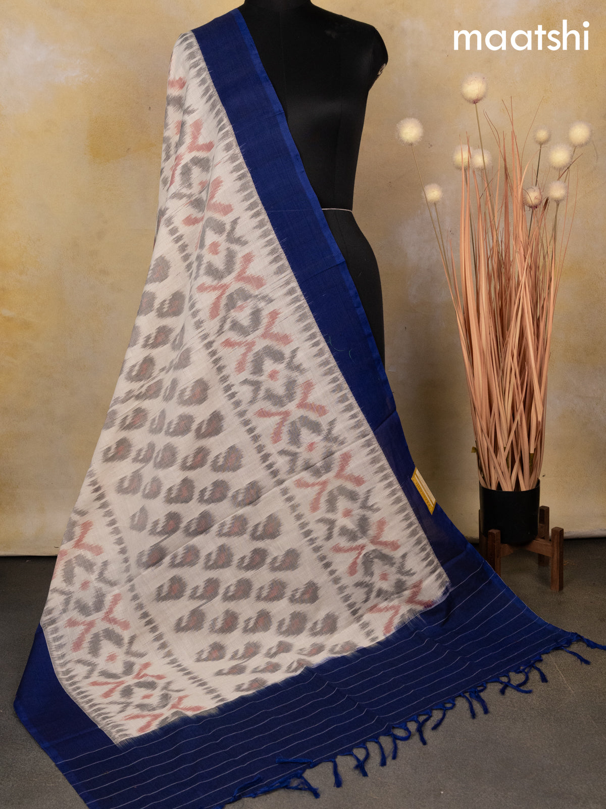 Ikat cotton dupatta cream and blue with allover ikat weaves