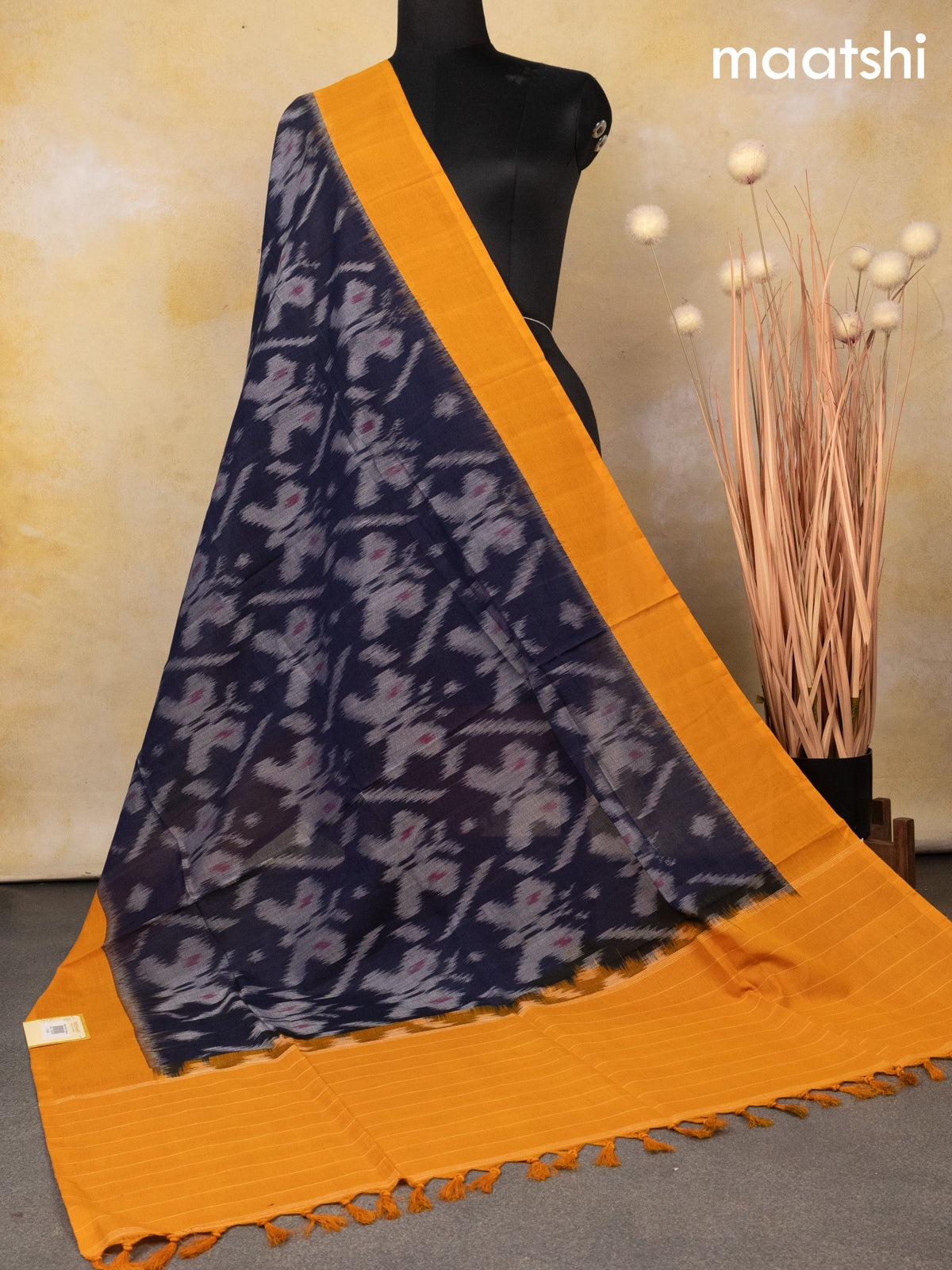 Ikat cotton dupatta deep navy blue and mango yellow with allover ikat weaves