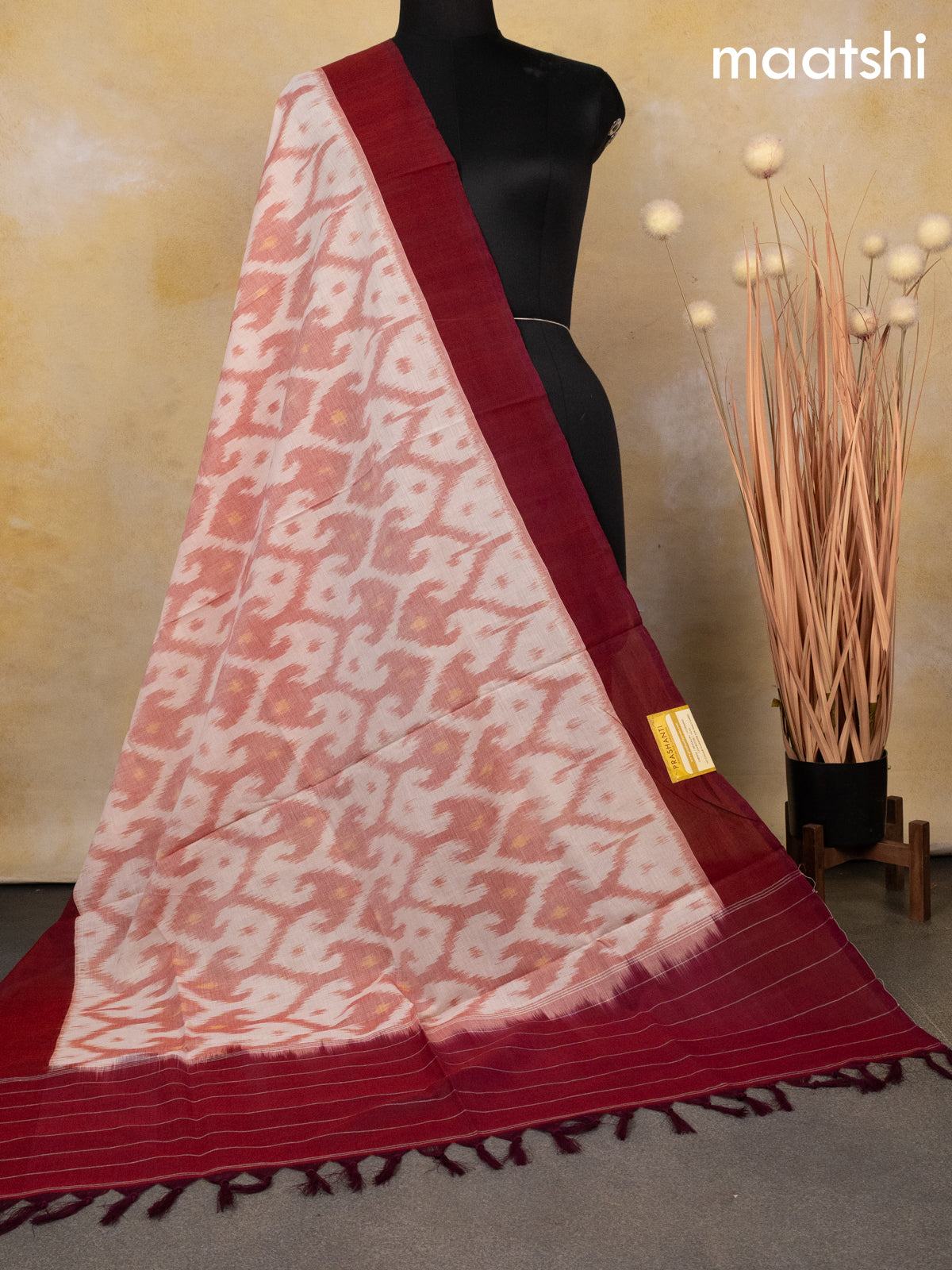 Ikat cotton dupatta red shade cream and maroon with allover ikat weaves
