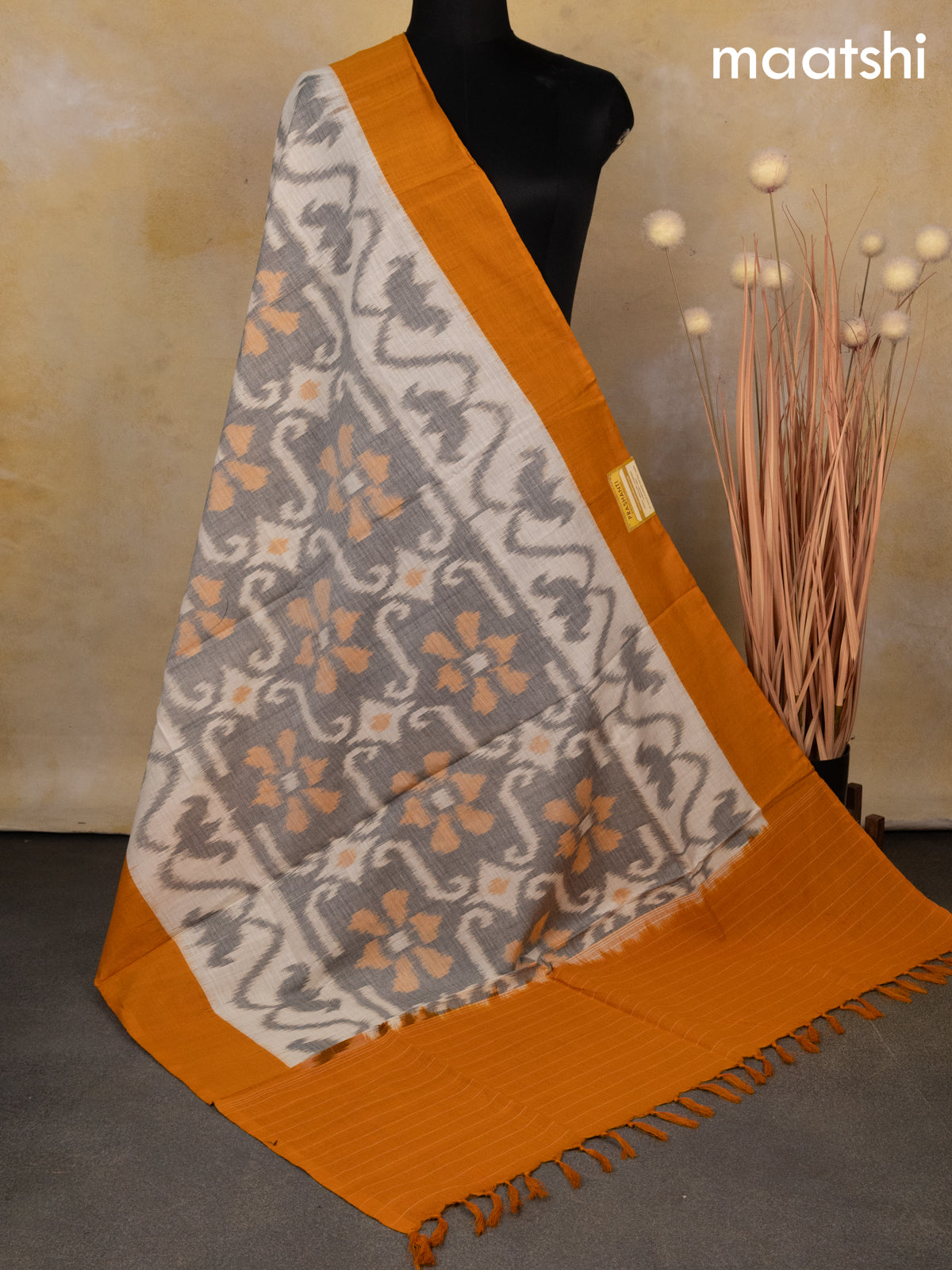 Ikat cotton dupatta grey and mango yellow with allover ikat weaves