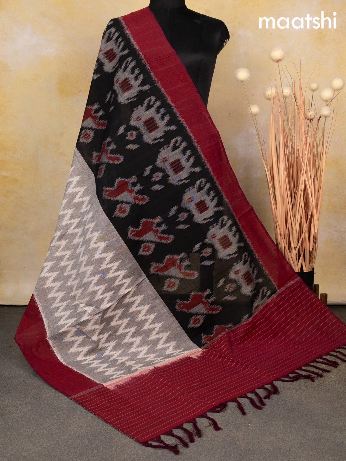 Ikat cotton dupatta black and maroon with allover ikat weaves