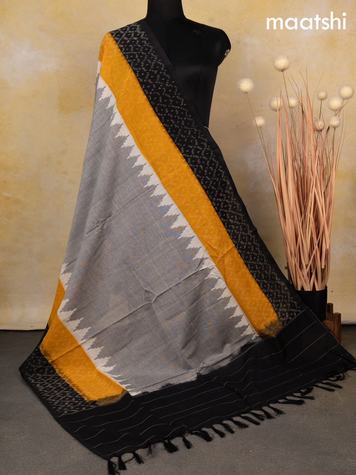 Ikat cotton dupatta grey and mango yellow black with ikat prints
