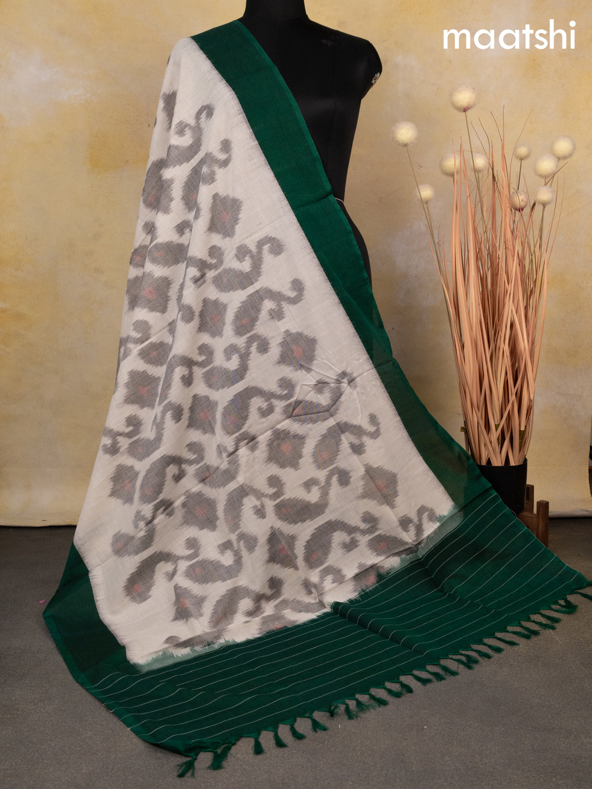 Ikat cotton dupatta off white grey and green with allover ikat weaves
