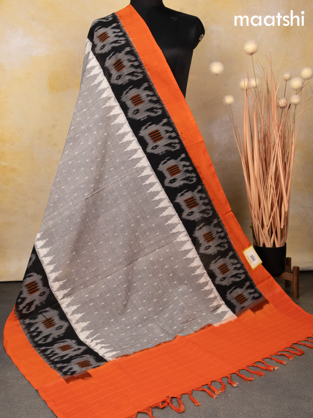 Ikat cotton dupatta grey and black orange with allover ikat weaves