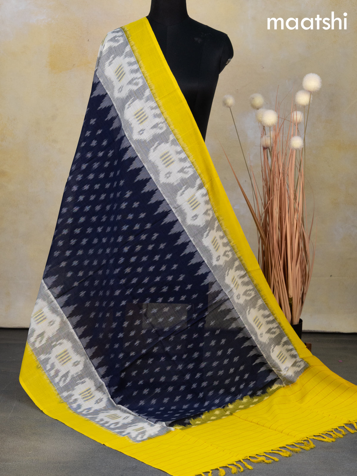 Ikat cotton dupatta deep navy blue and grey yellow with allover ikat weaves