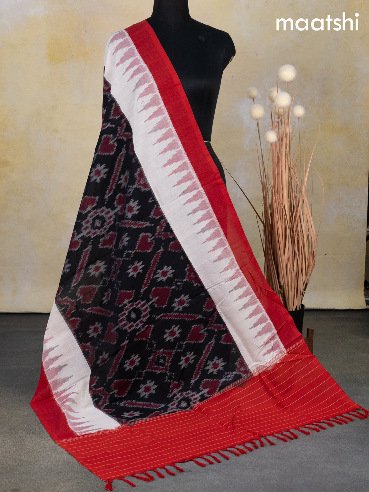 Ikat cotton dupatta black off white and red with allover ikat weaves