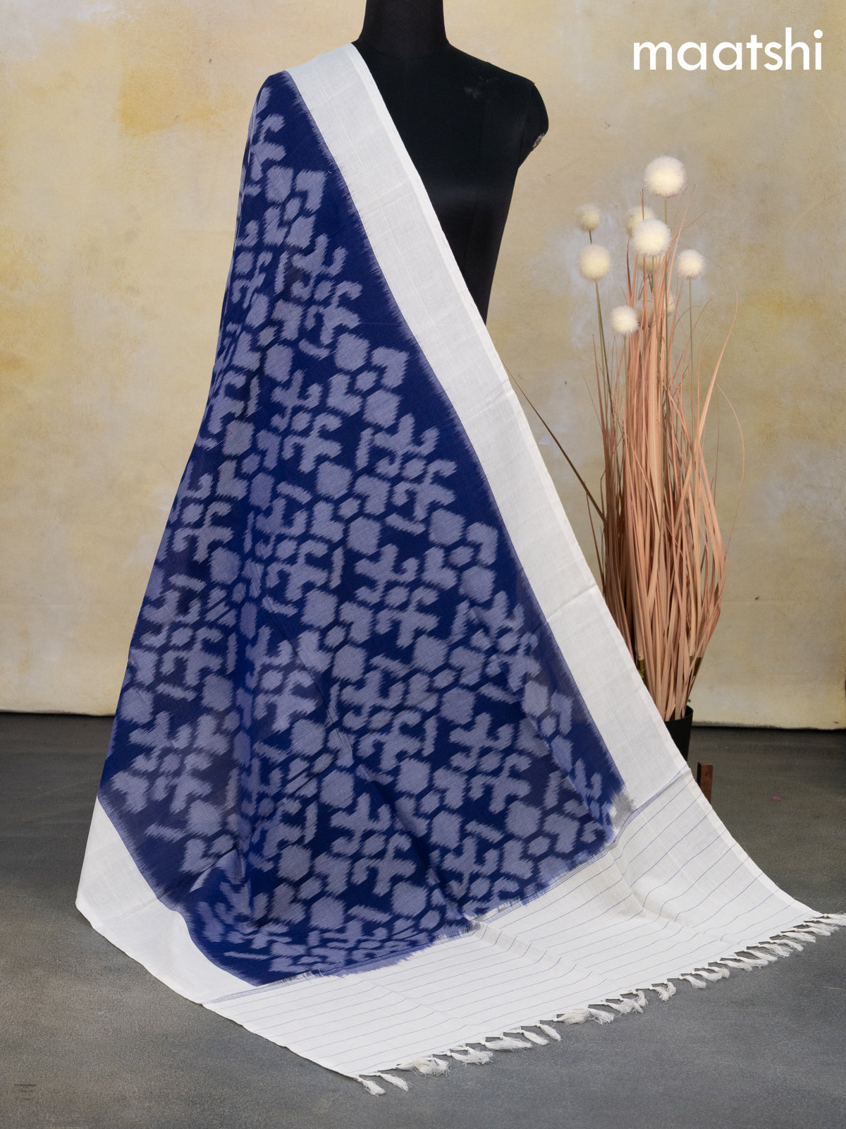 Ikat cotton dupatta blue and off white with allover ikat weaves